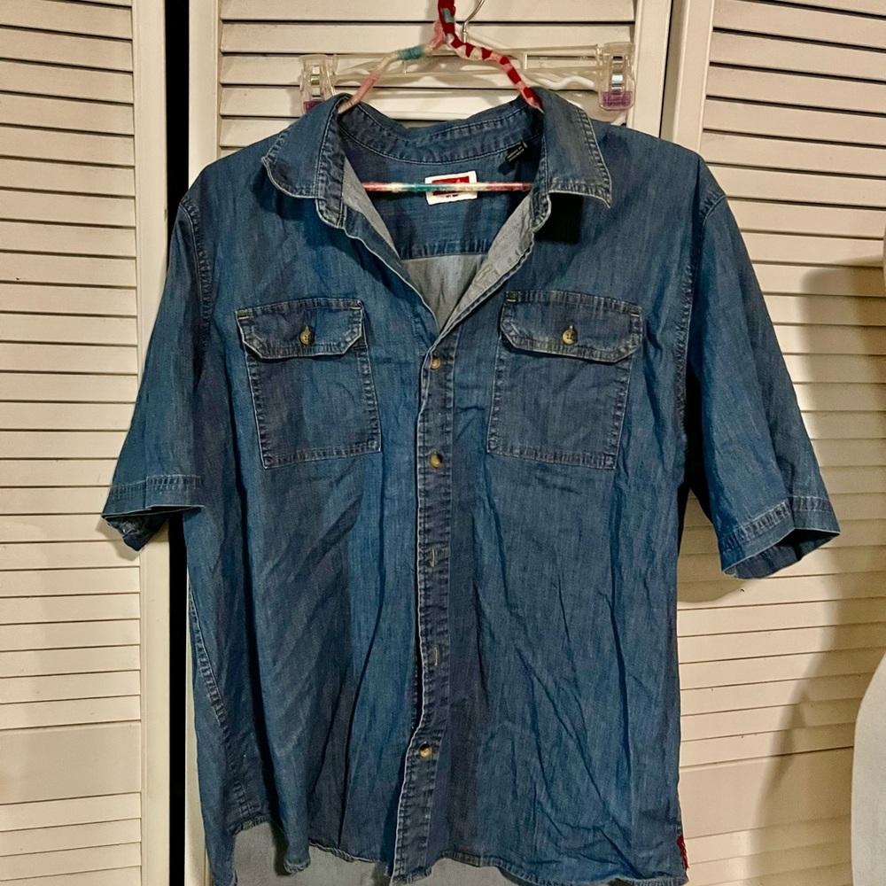 Denim Short-Sleeve Button-Up Shirt - Blue